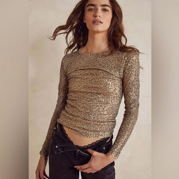 Free People Gold Rush Gold Sequin Long Sleeve NWT Small - Picture 11 of 11